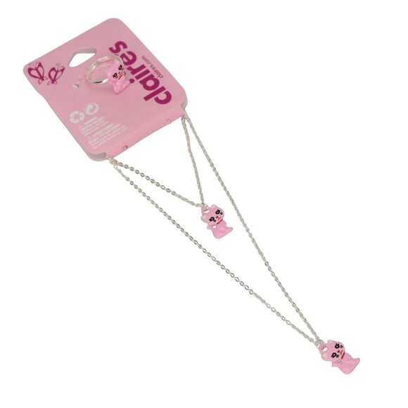 Claires Club Kitten Jewelry Set Necklace Bracelet Ring Silver Tone Pink - Picture 1 of 4